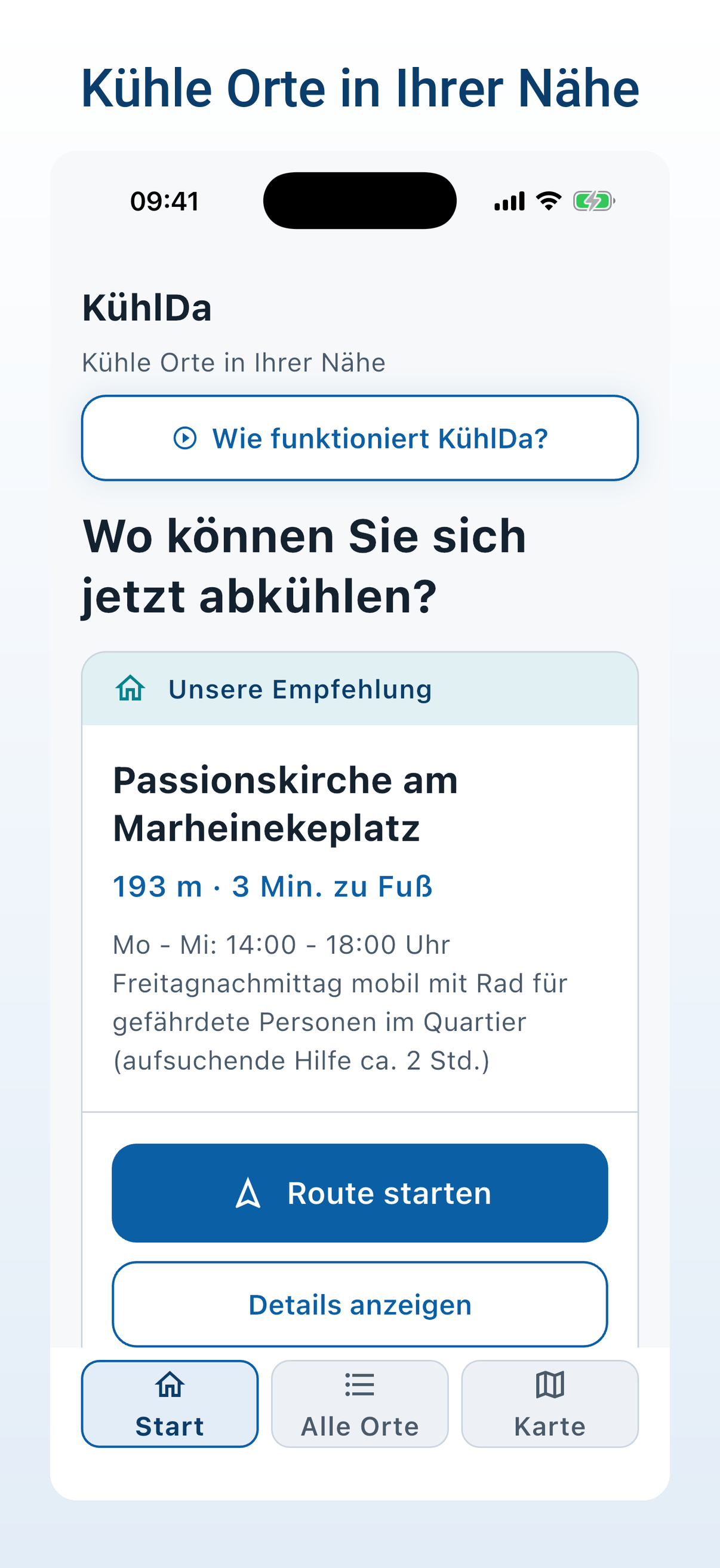 KühlDa-Startseite: „Unsere Empfehlung“ mit der Passionskirche am Marheinekeplatz, 193 Meter und 3 Minuten zu Fuß, dazu Öffnungszeiten und die Knöpfe „Route starten“ und „Details anzeigen“.