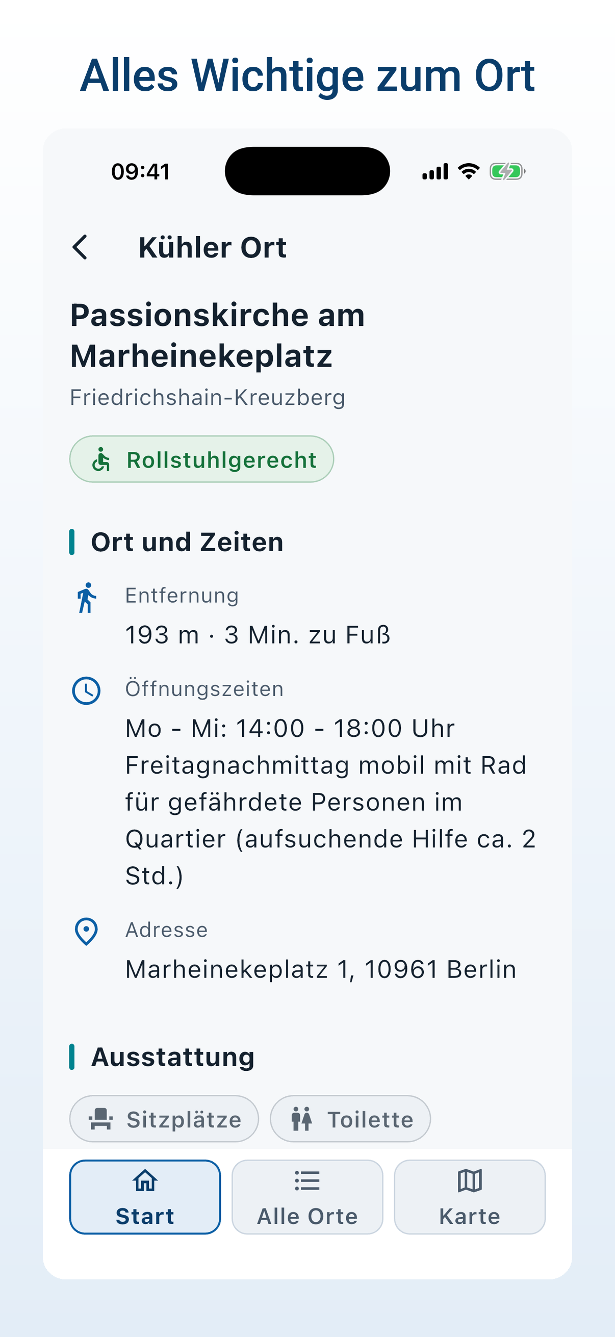 Detailansicht eines Ortes: Entfernung, Öffnungszeiten, Adresse, Barrierefreiheit und Ausstattung wie Sitzplätze und Toilette.