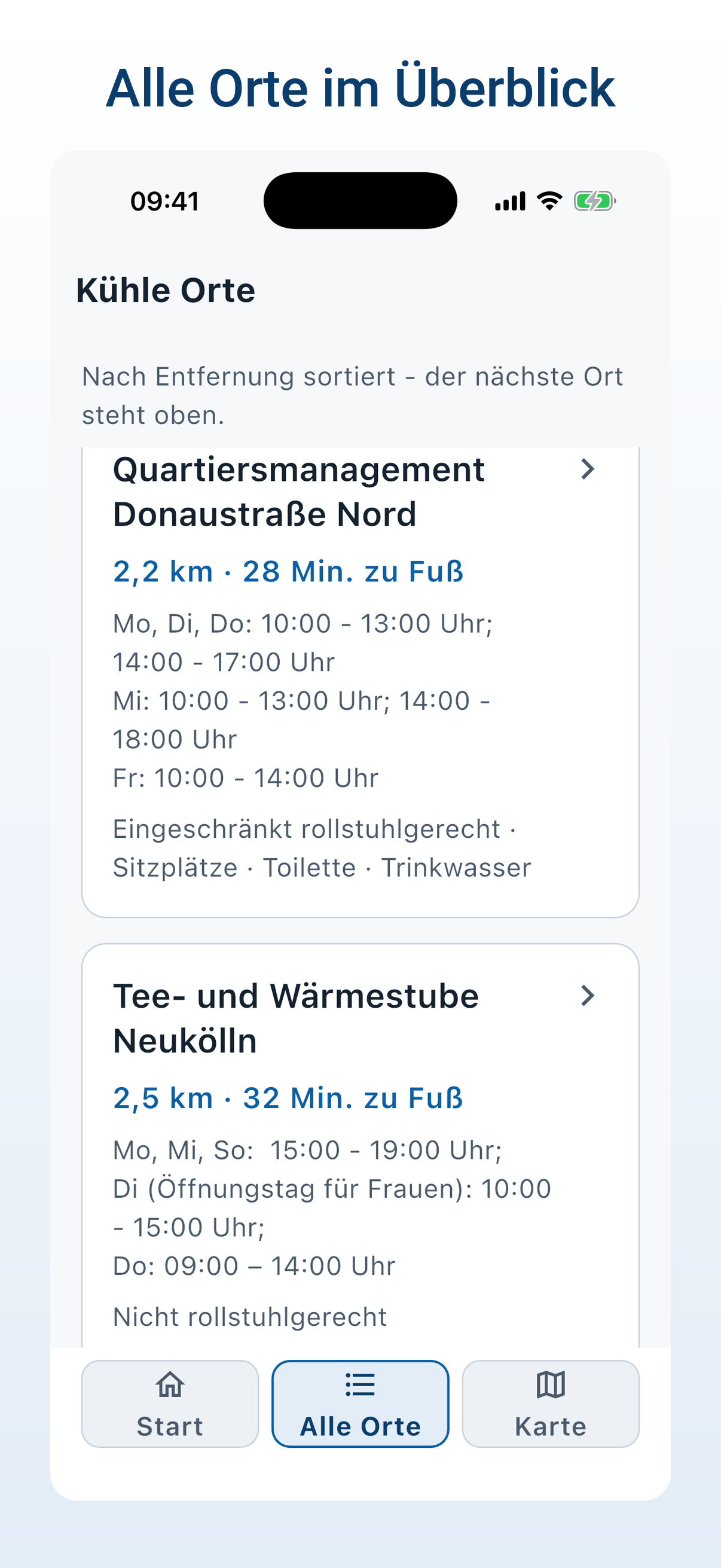 Ortsliste mit mehreren kühlen Orten, nach Entfernung sortiert, jeweils mit Entfernung, Gehzeit und Öffnungszeiten.