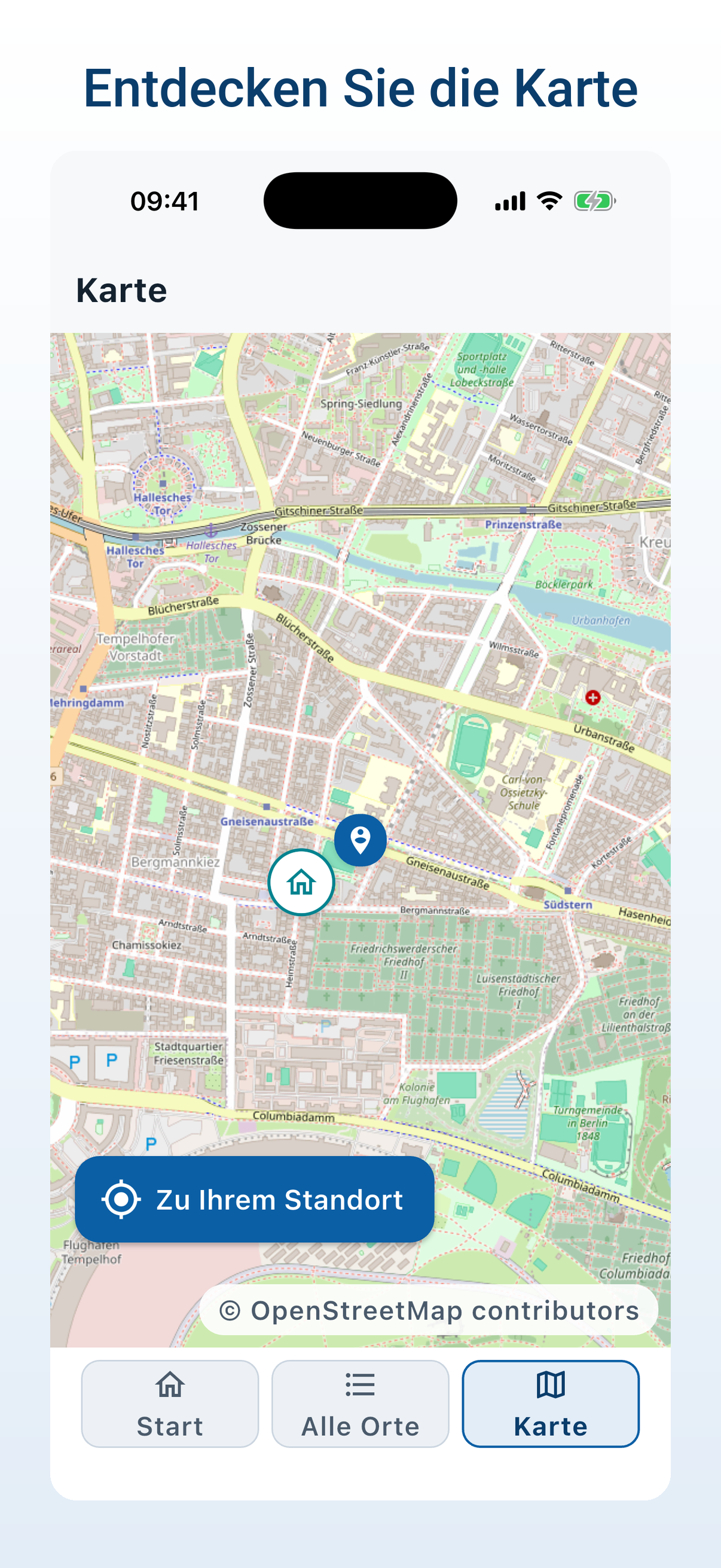 Kartenansicht mit OpenStreetMap: der eigene Standort und kühle Orte in der Umgebung als Markierungen.
