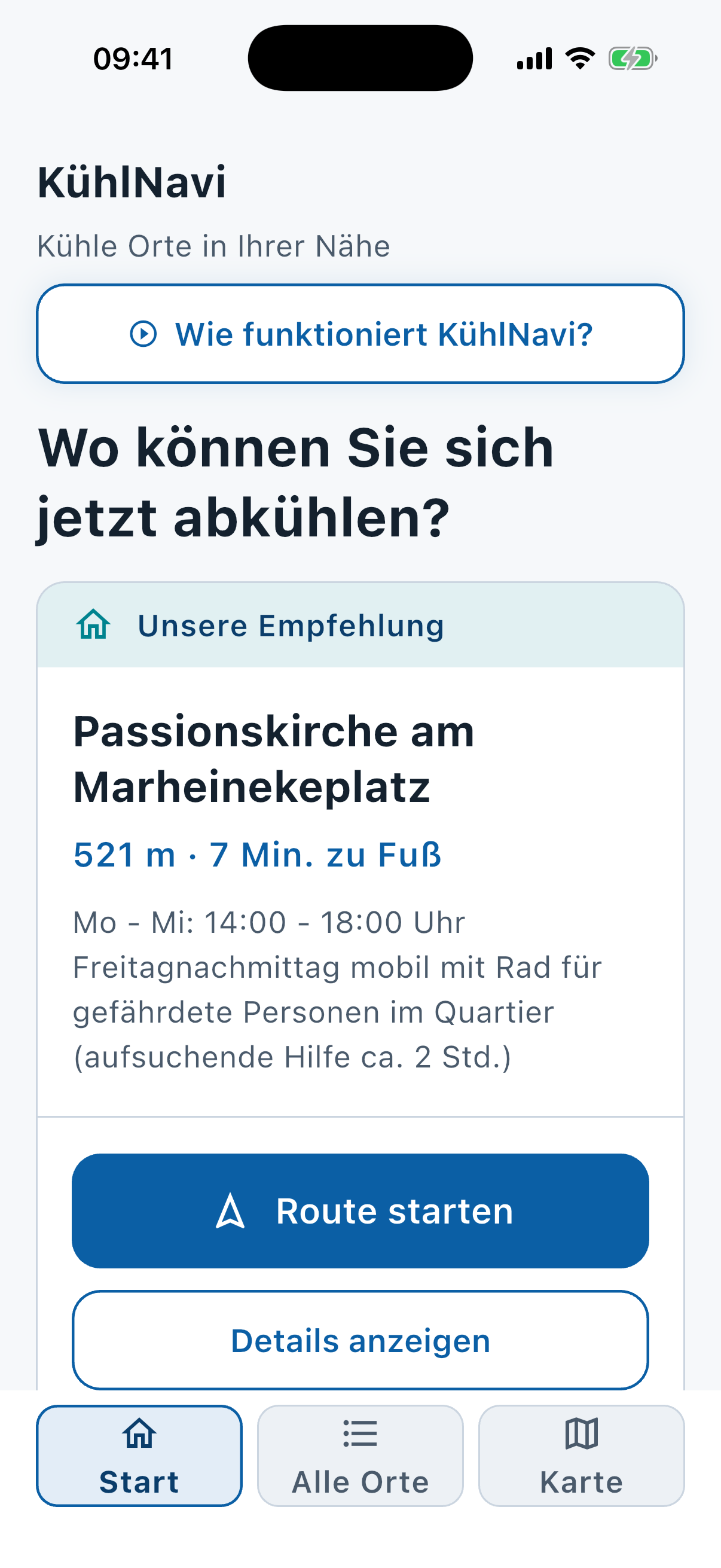 KühlNavi-Startseite: „Unsere Empfehlung“ mit der Passionskirche am Marheinekeplatz, 2 Meter und 1 Minute zu Fuß, dazu Öffnungszeiten und die Knöpfe „Route starten“ und „Details anzeigen“.
